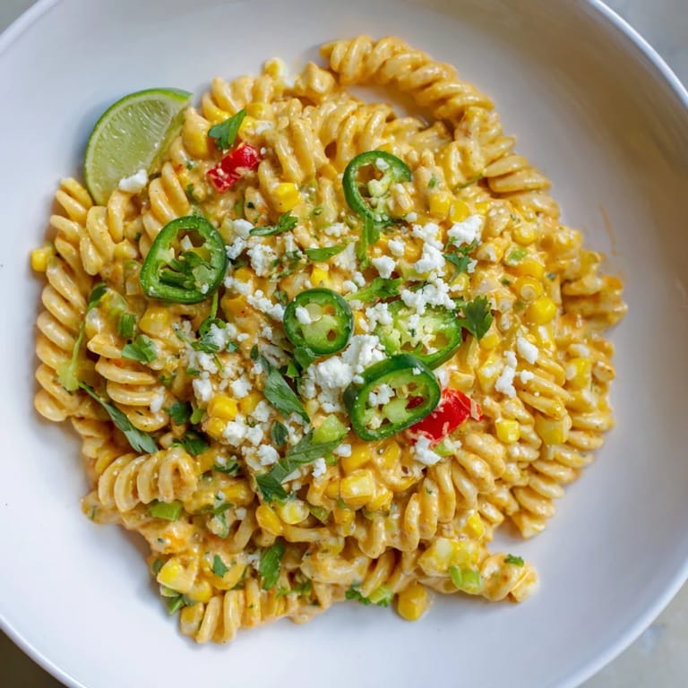 A steaming bowl of One-Pot Mexican Street Corn Pasta, topped with fresh cilantro and lime wedges.