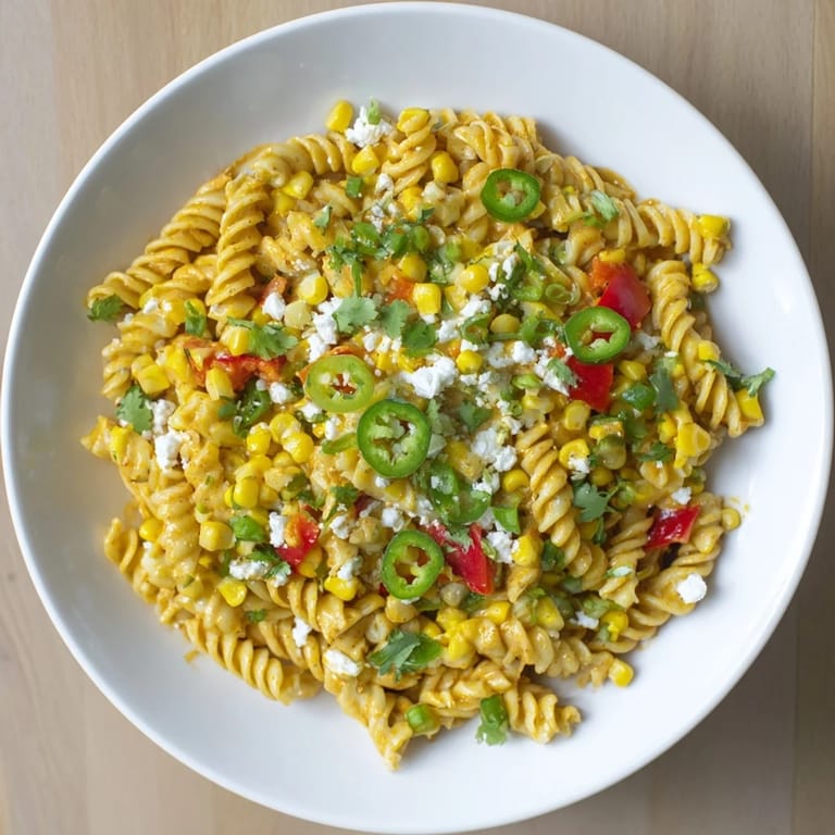 Close-up of the flavorful One-Pot Mexican Street Corn Pasta, with melted cheese and a hint of spice.