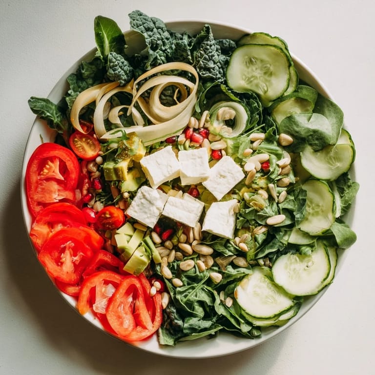 A colorful image shows The Golden Ratio Salad beautifully arranged, with feta cheese and pine nuts.