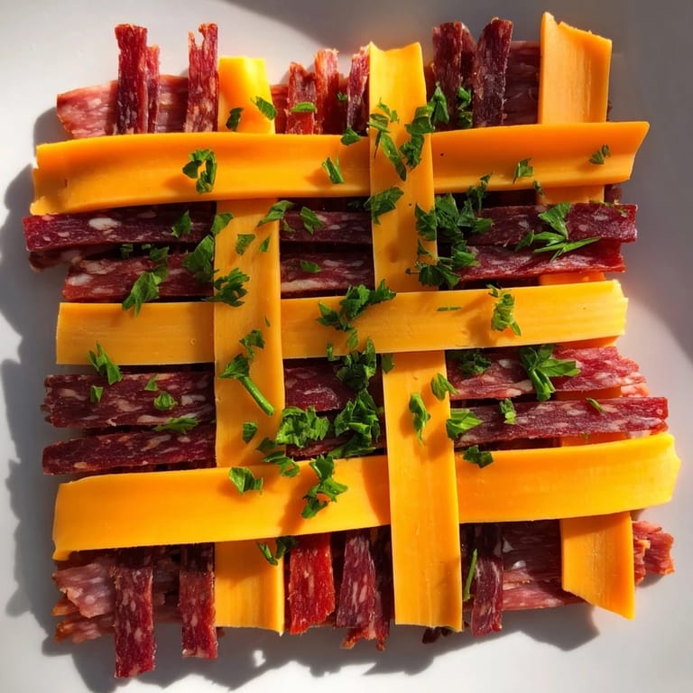 Savory beef, turkey, and pork jerky combine with cheese in a delicious The Tartan Plaid charcuterie board.