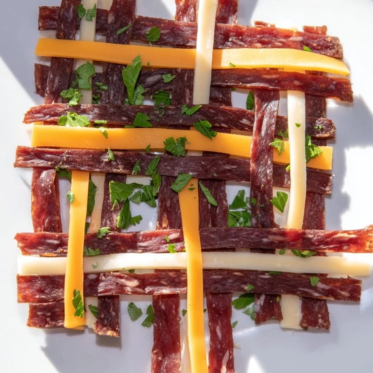A close-up of The Tartan Plaid: savory jerky and cheese appetizer, ready to serve and impress.