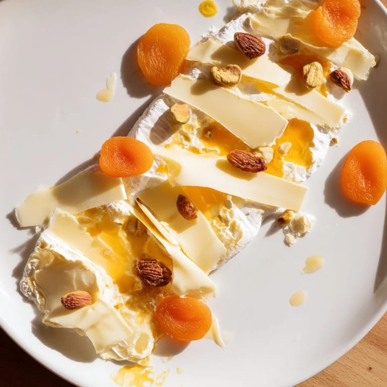 A beautiful cheese board, The Saffron Silk, featuring flowing ricotta and golden gouda, visually stunning.