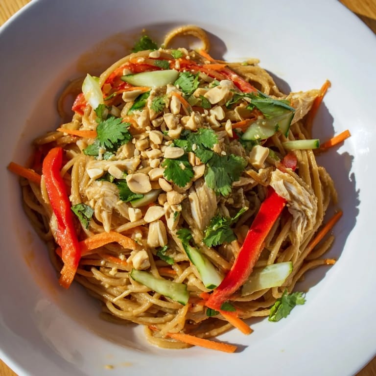 Perfectly plated Thai-Inspired Peanut Chicken Pasta, featuring tender chicken and crunchy peanuts with lime.