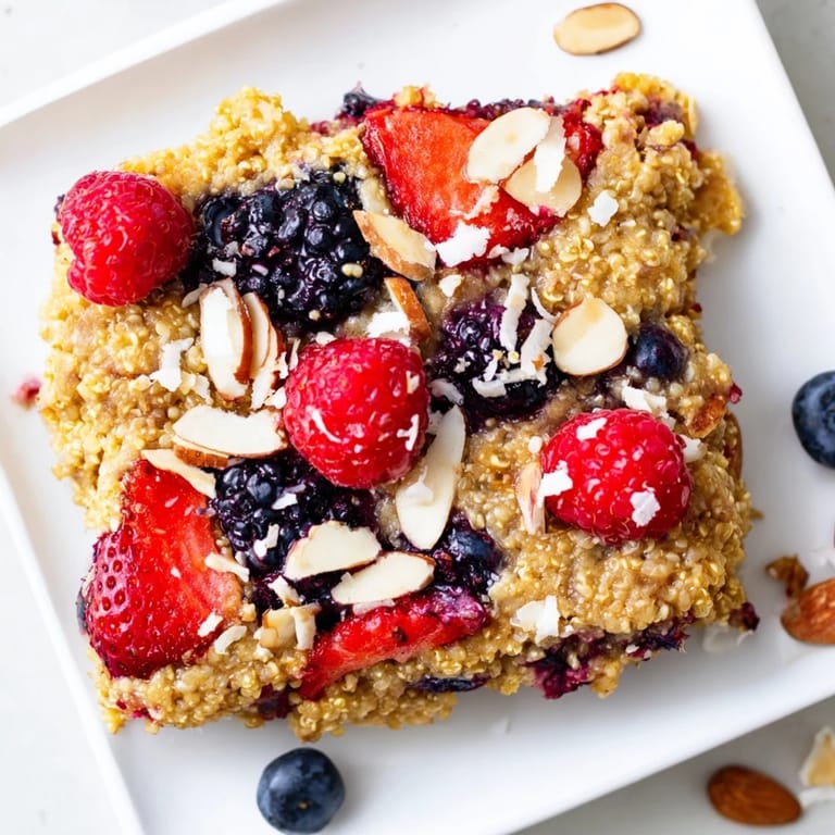 A close-up shot of a steaming Berry Quinoa Breakfast Bake, perfectly portioned for serving with fresh berries.
