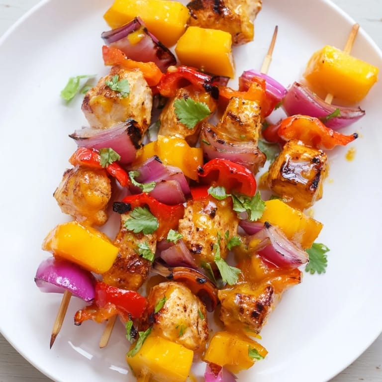 Grilled Mango Lime Chicken Skewers featuring colorful bell peppers, offering a delicious, tropical meal.