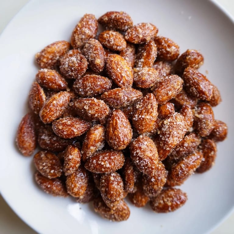 These glistening cinnamon roasted almonds are freshly baked, offering a warm spiced aroma.