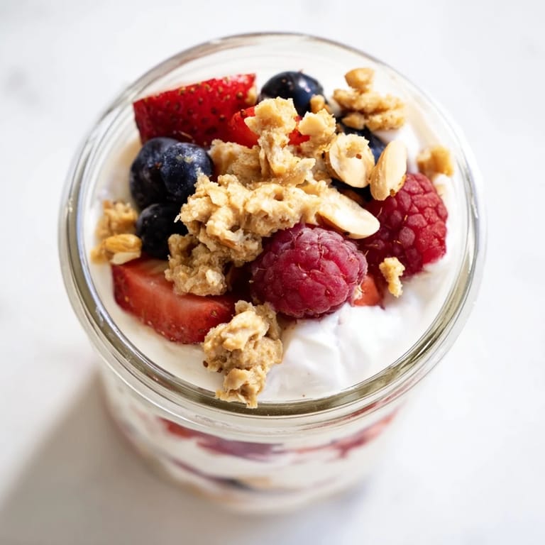 Vibrant Cashew Butter Yogurt Parfait showing fresh berries and crunchy granola for a healthy morning meal.