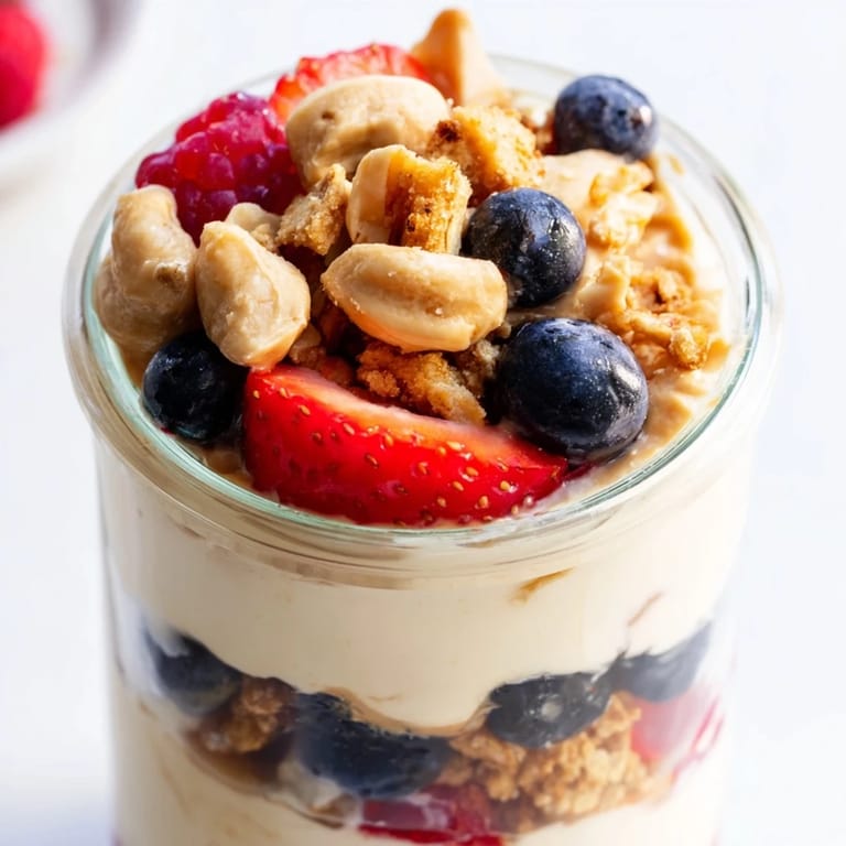 Enjoy a layered Cashew Butter Yogurt Parfait: the perfect mix of creamy yogurt, sweet berries, and nuts.