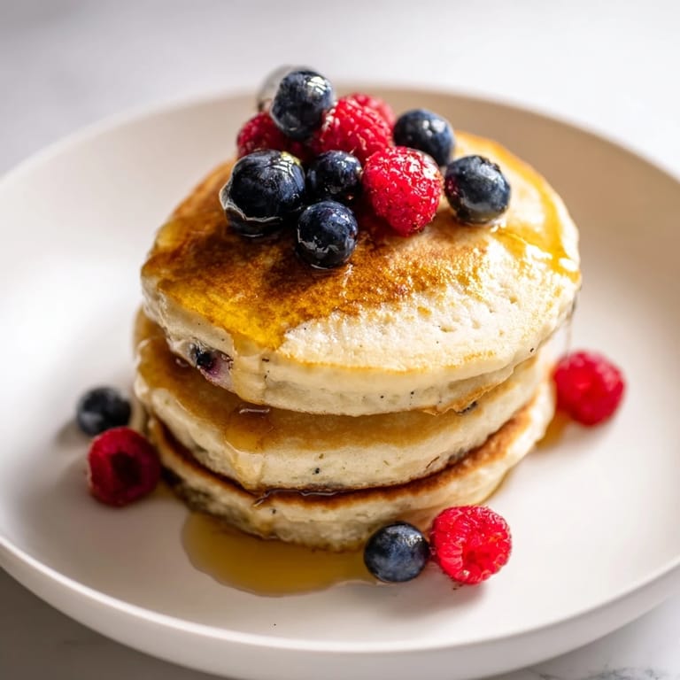 Heap of golden Lemon Ricotta Pancakes, with creamy ricotta, perfect for a cozy weekend brunch.