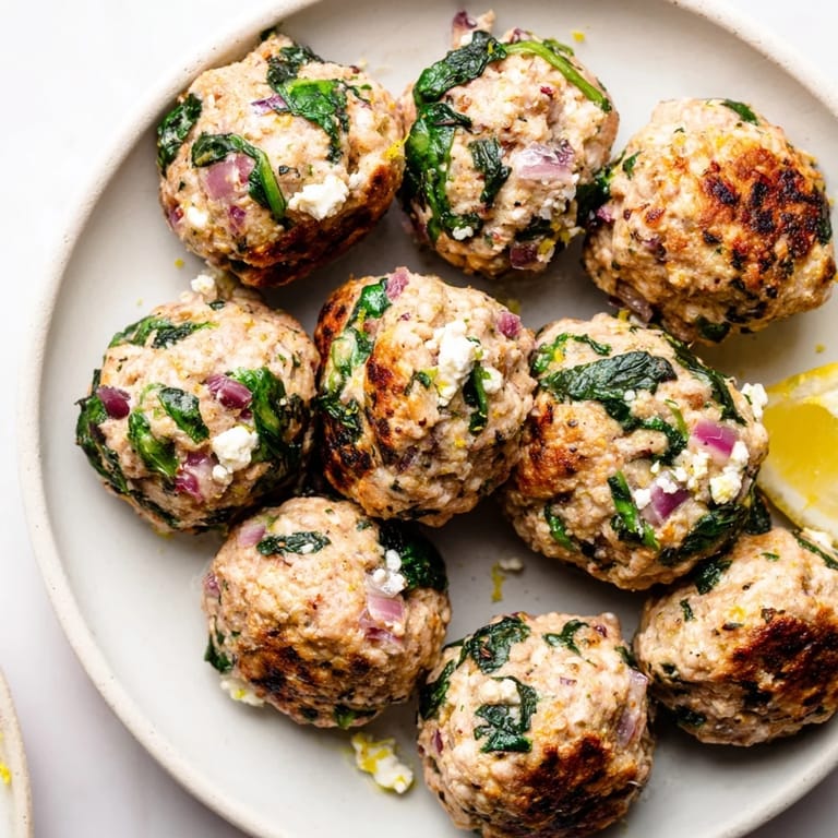 Sizzling Spinach Feta Turkey Meatballs, baked to perfection and served with a bright, zesty lemon wedge.