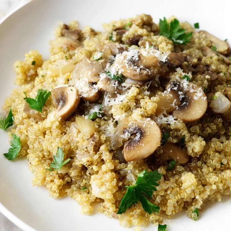 Savory Mushroom Quinoa Risotto: A vegetarian, gluten-free delight, with tender quinoa and mushrooms in a creamy sauce.