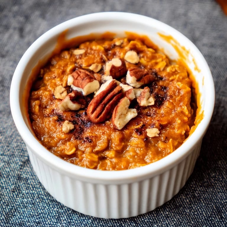 A delicious serving of Pumpkin Spice Baked Oats offering a warm, spiced aroma, ideal for a cozy breakfast.