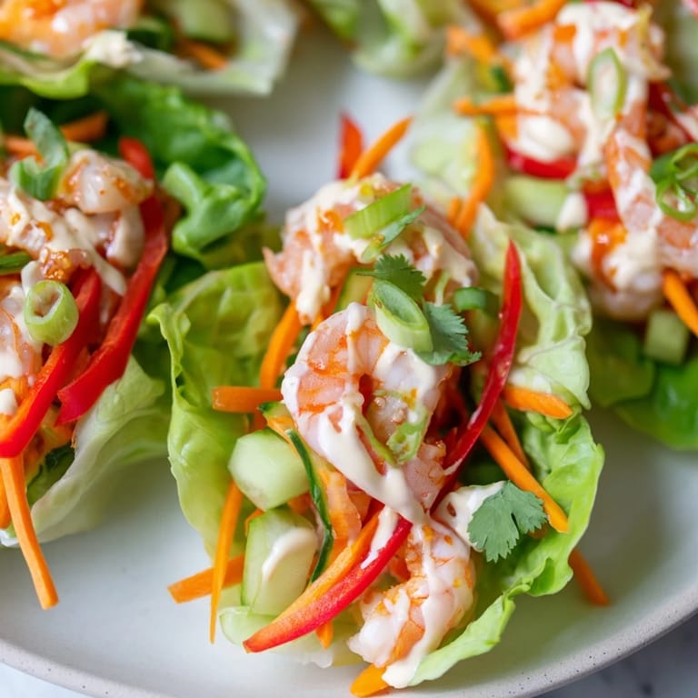Savory shrimp lettuce cups, showcasing perfectly cooked shrimp and a creamy sauce drizzled over fresh greens.