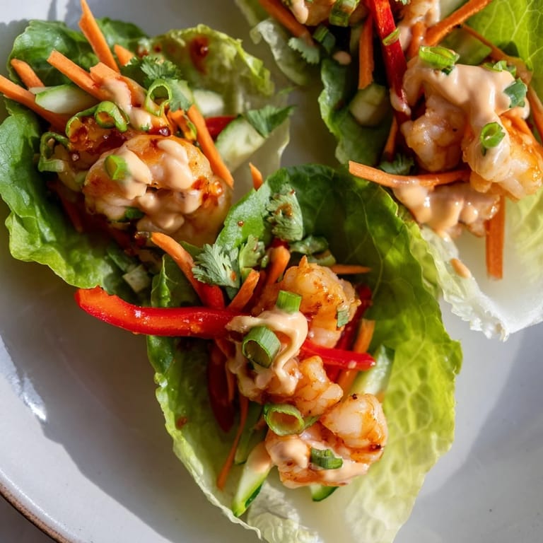 Delicious shrimp lettuce cups, with colorful veggies arranged for a light, healthy Asian meal.