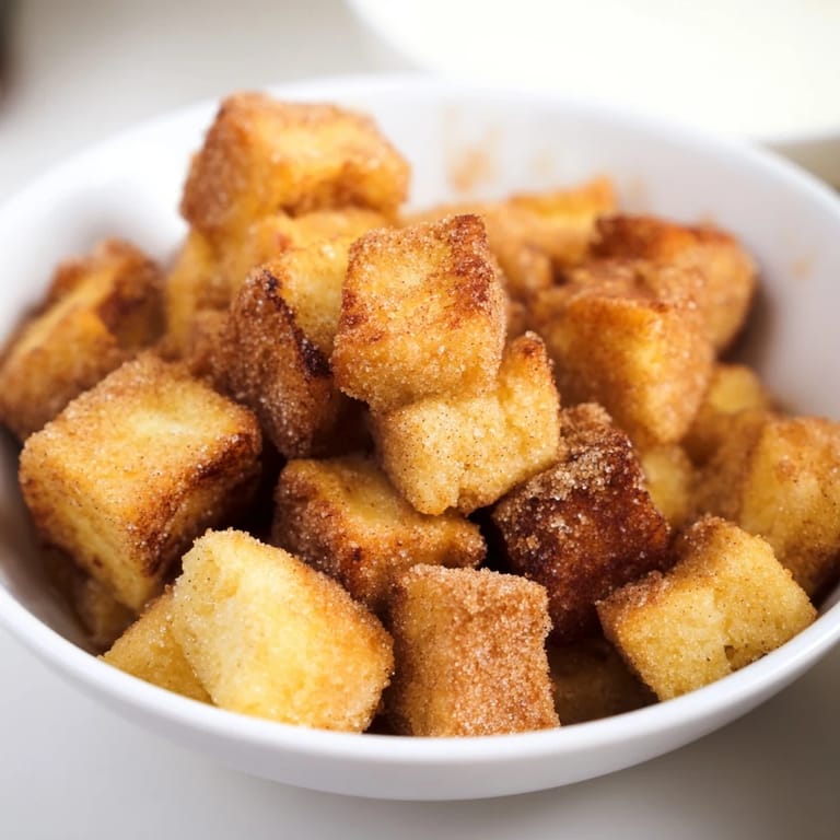 A bowl of delightful mini French Toast Cereal, smelling of cinnamon and ready for a tasty breakfast.