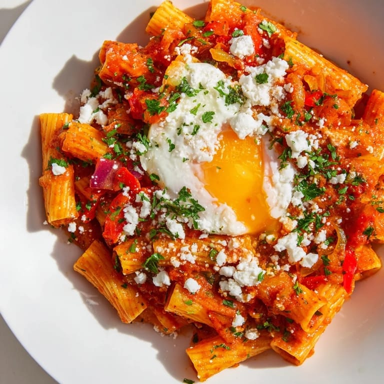 Savory Quick Shakshuka Pasta with bubbly tomato sauce, herbs, and a sprinkle of creamy feta cheese.