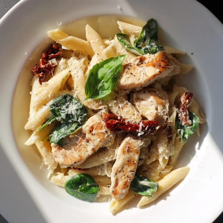 A close-up view of the Creamy Tuscan Chicken Pasta, showcasing the creamy sauce and fresh basil garnish.