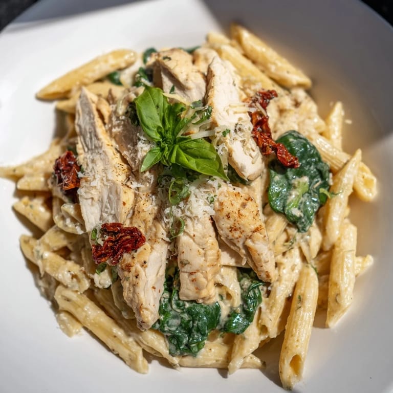 Golden pasta coated in creamy sauce, with juicy chicken, creating delicious Creamy Tuscan Chicken Pasta.