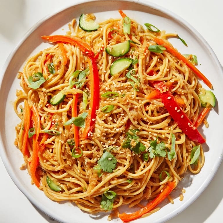 A colorful bowl of Garlic Noodle Salad with crunchy veggies and fragrant cilantro, ready to serve.