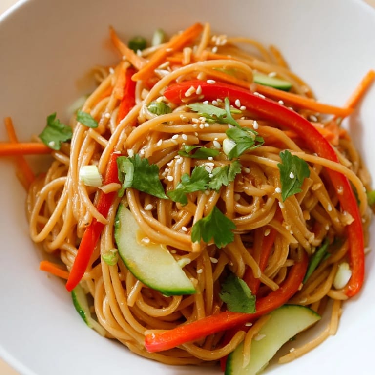 Enjoy a refreshing taste of this vegetarian Garlic Noodle Salad, tossed with sesame seeds.