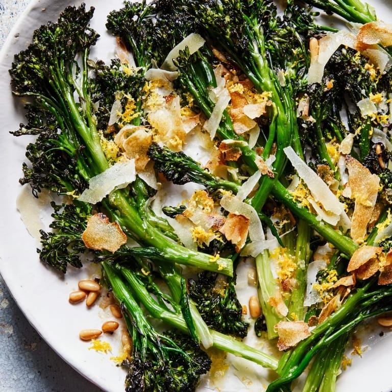 Golden, charred air-fried broccolini salad, dressed with zesty lemon, ready to serve and enjoy.