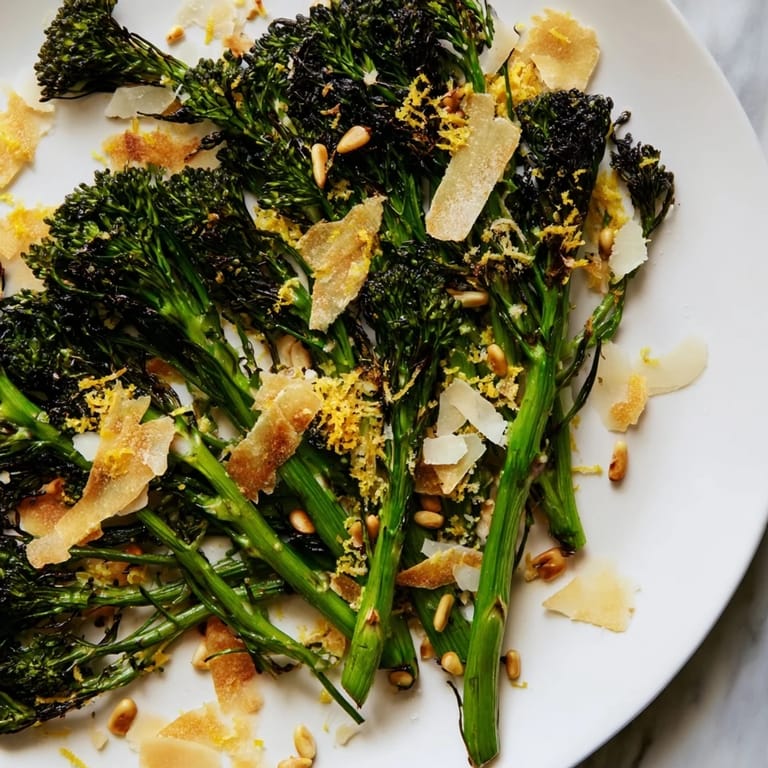 A close-up of a delightful Charred Broccolini Salad, scattered with crunchy garlic, perfect for spring.