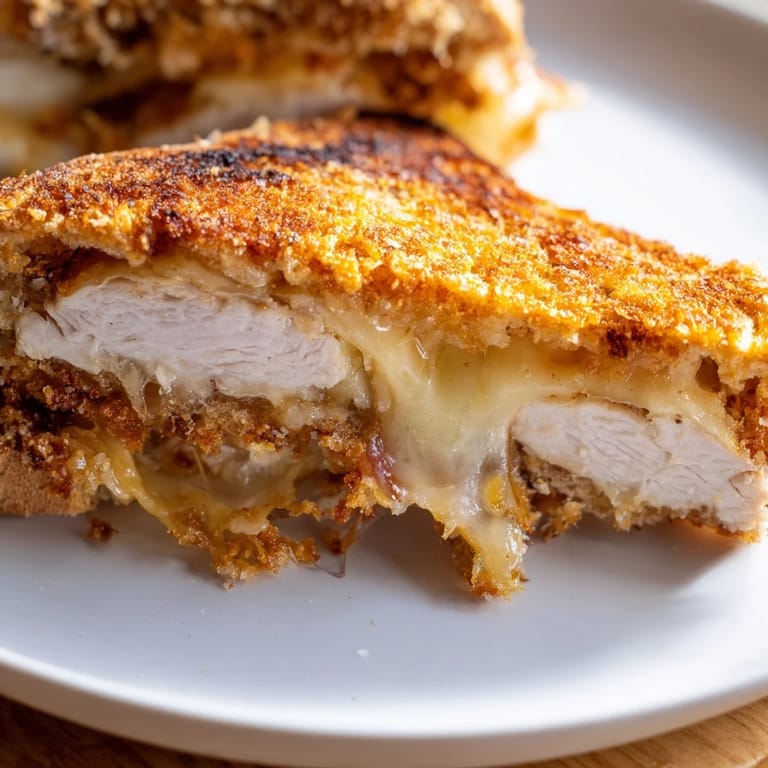 Sizzling, golden-brown Crispy Parmesan Chicken Thighs grilled cheese, oozing with melted cheese and crispy chicken.