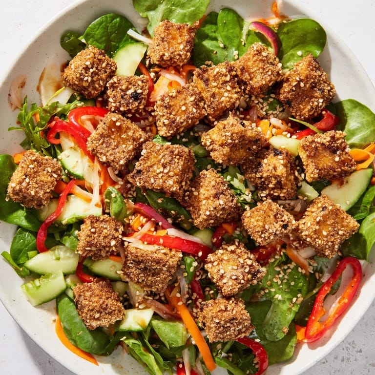 Fresh, colorful crispy tofu salad showcasing perfectly fried tofu with greens and a tangy dressing.