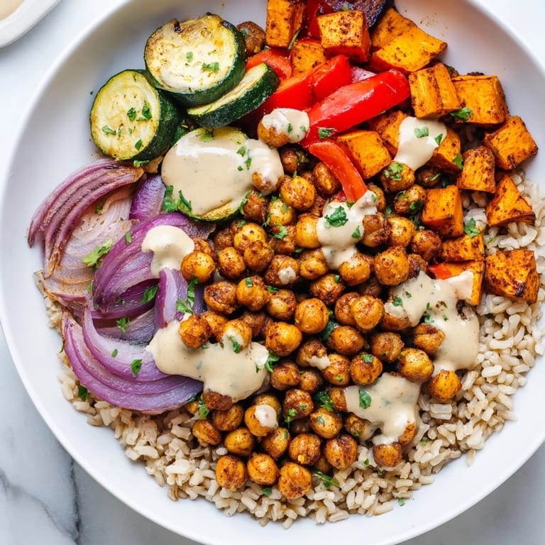 Imagine a delicious Roasted Chickpea Buddha Bowl with golden chickpeas and a drizzle of rich tahini sauce.