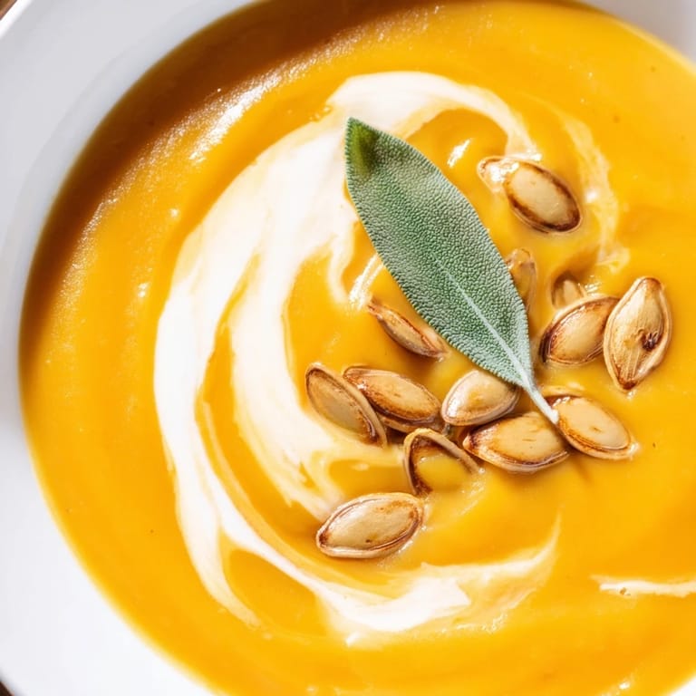 Golden-orange butternut squash soup, blended smooth, ready to serve with roasted pumpkin seeds.