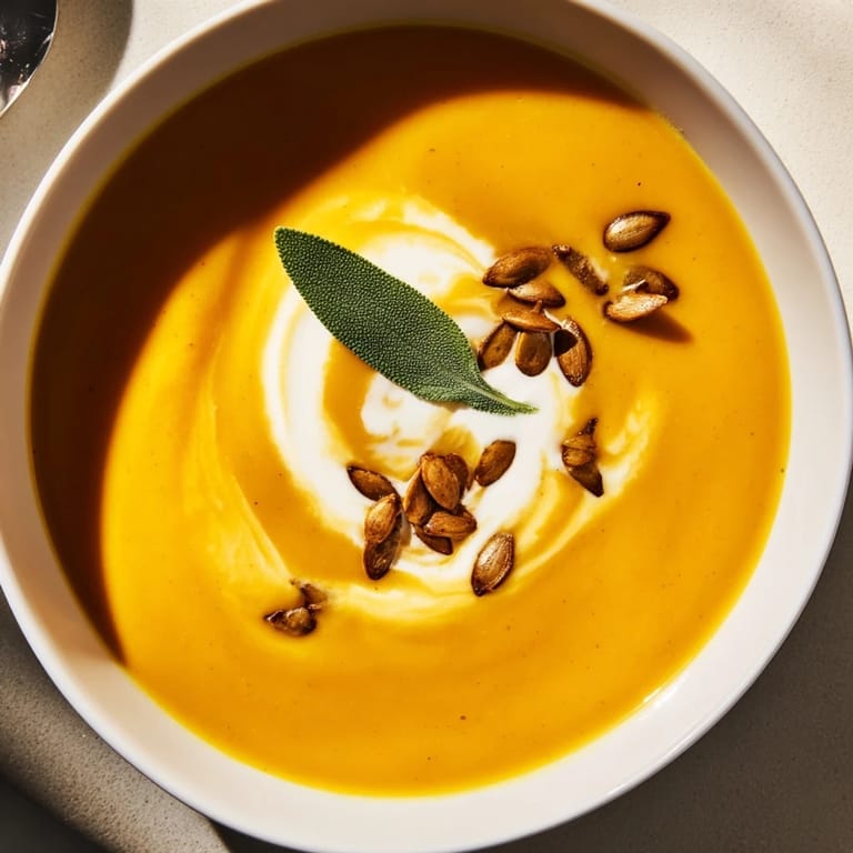 Enjoy a steaming bowl of homemade butternut squash soup, perfectly spiced for a cozy meal.