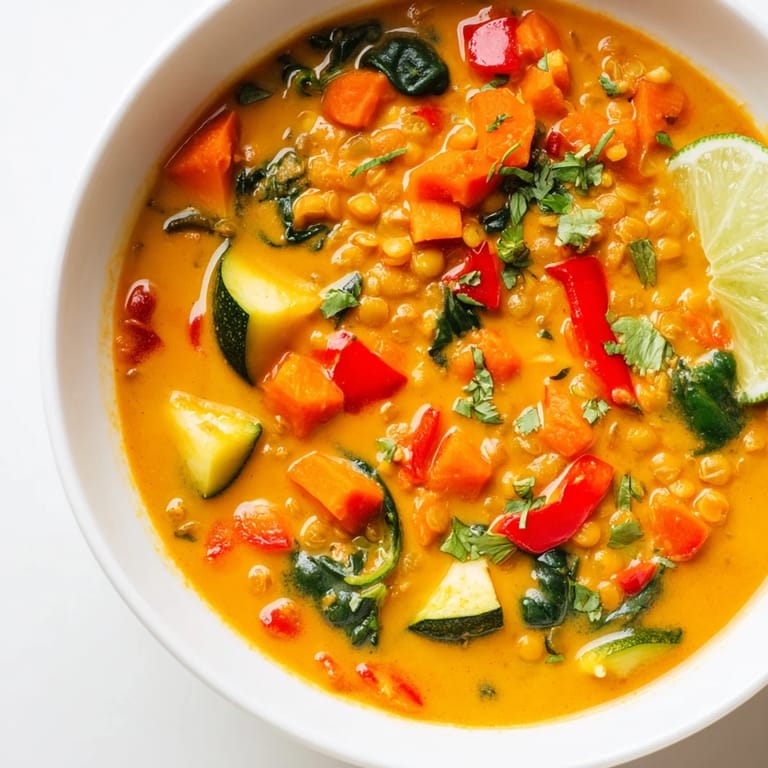 Hearty Lentil Red Curry Soup garnished with cilantro and served with lime wedges, perfect for dinner.