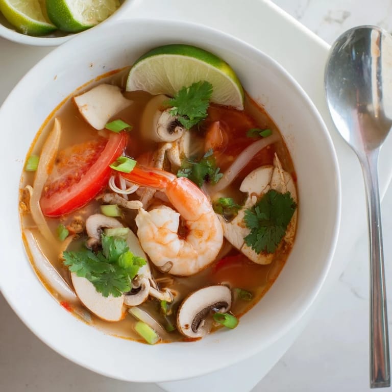 A close-up view of Spicy Tom Yum Soup, garnished with green onions and fresh cilantro.