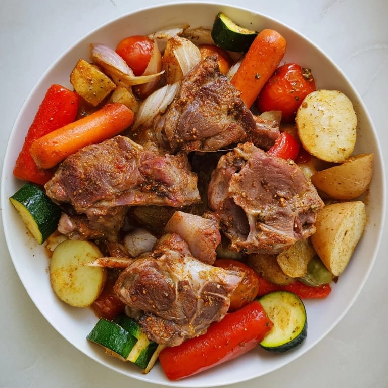 A close up of flavorful Jordanian Zarb reveals succulent meats and roasted vegetables, beautifully cooked.