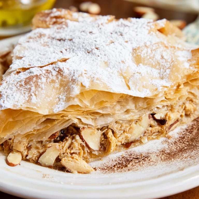 A visually appealing close-up of the finished Moroccan Pastilla Pie, ready for serving with a sweet touch.
