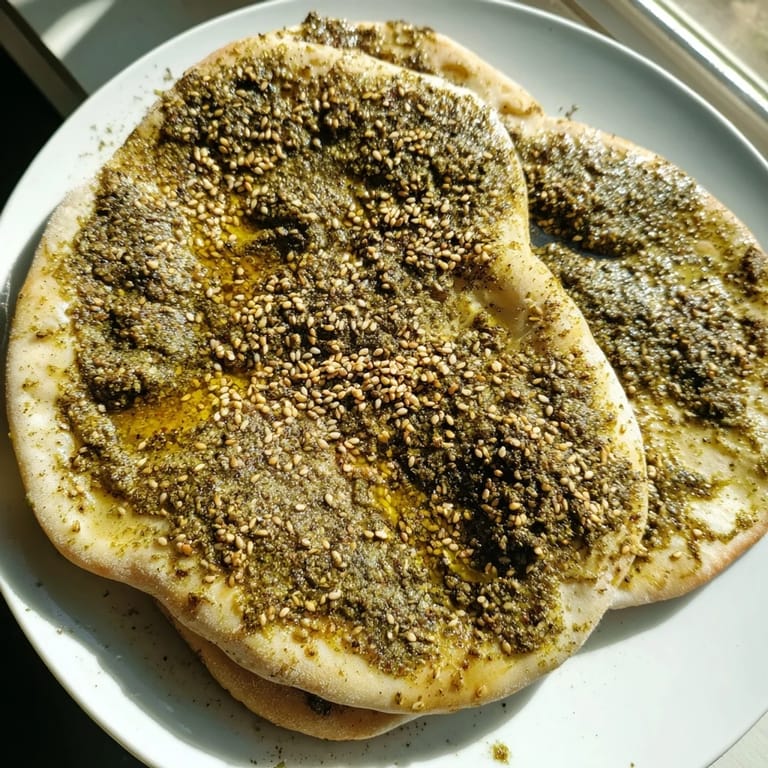 Savory Levantine Zaatar Bread with toasted sesame seeds, drizzled with olive oil, ready for a delicious lunch.