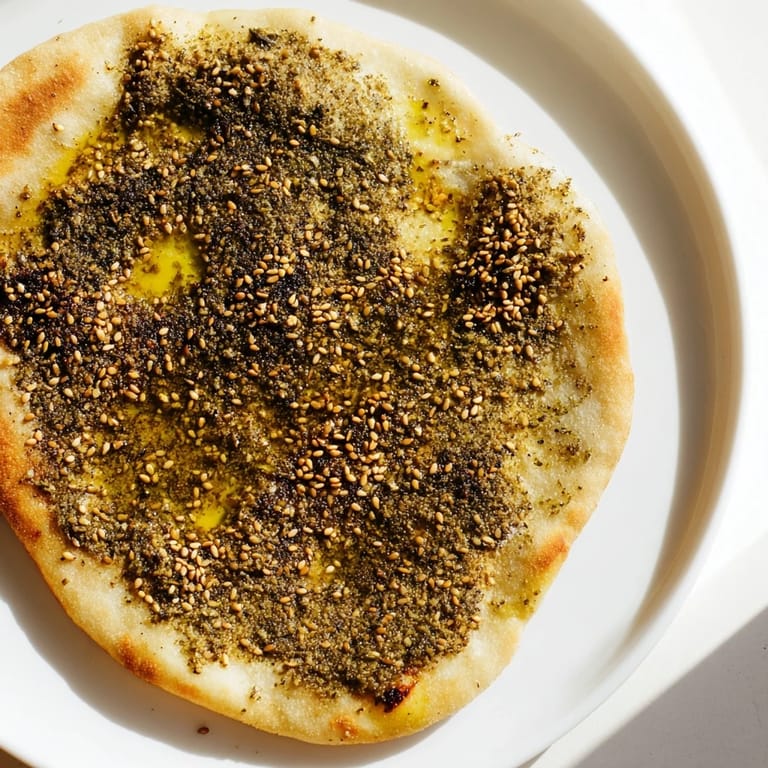 Freshly baked Levantine Zaatar Bread boasts a crispy crust and fragrant zaatar topping alongside sesame.