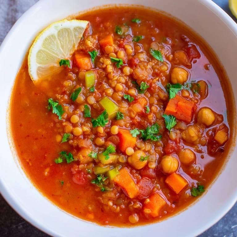 Enjoy a comforting serving of flavorful Harira Soup, packed with lentils and chickpeas.