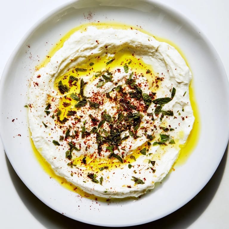 Tangy homemade labneh, a creamy appetizer or spread, beautifully garnished with herbs and spices.