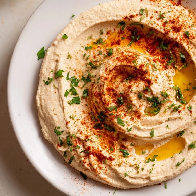 A vibrantly garnished Levantine hummus plate with paprika and chopped parsley, perfect for sharing.