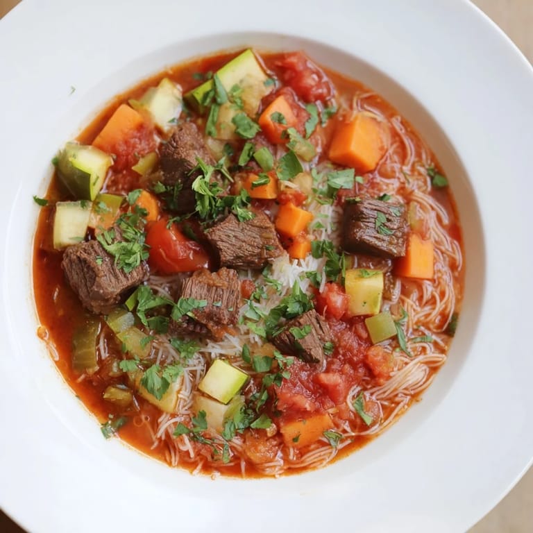 Close-up of Algerian Chorba featuring vibrant tomatoes, spices, and a garnish of fresh parsley for a flavorful meal.