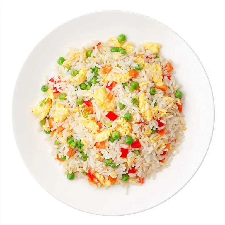 A close-up of classic Egg Fried Rice with fluffy grains, colorful vegetables, and soft egg pieces, ready to serve as a quick weeknight dinner.