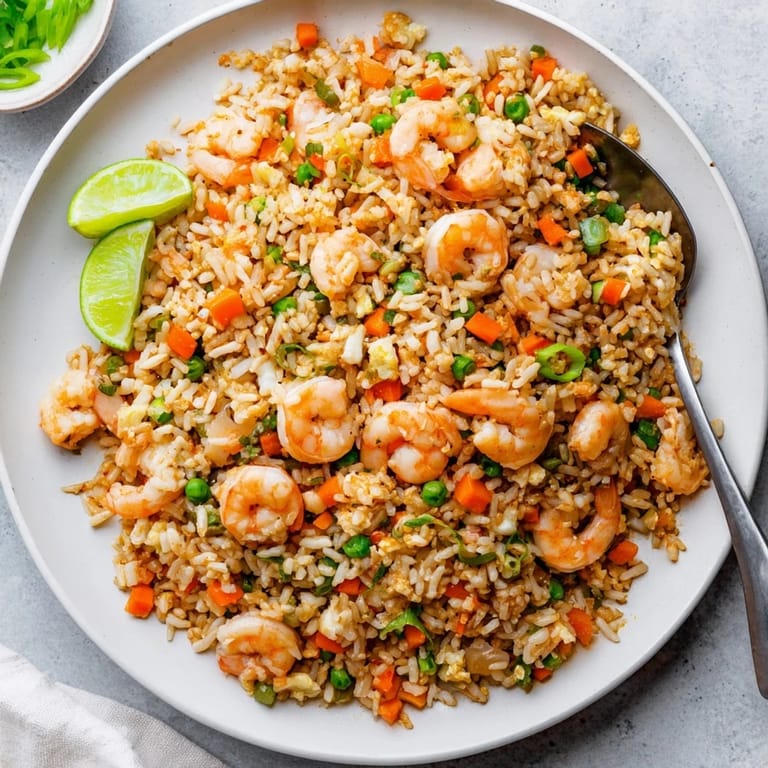 Savory shrimp garlic fried rice served in a bowl, ready for a quick and flavorful weeknight dinner.