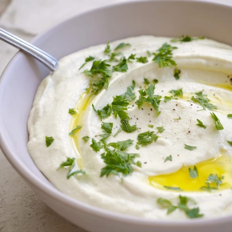 Vegan white bean dip in a ceramic dish, its velvety texture highlighted by a swirl of olive oil and cracked black pepper.