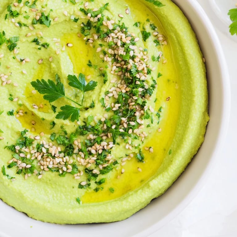 Easy homemade Edamame Hummus in a rustic serving dish, swirled with olive oil and sprinkled with parsley, surrounded by crunchy pita crackers and fresh snap peas.