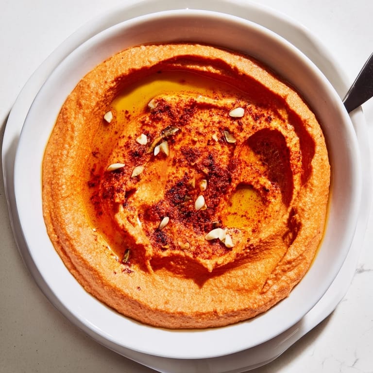 Smooth roasted red pepper hummus spread on toasted bread, topped with fresh herbs and a light olive oil drizzle.