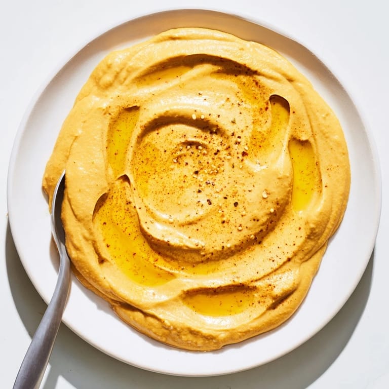 A close-up view of smooth, golden Chickpea Curry Paste in a rustic bowl, with a drizzle of olive oil and warm spices.  