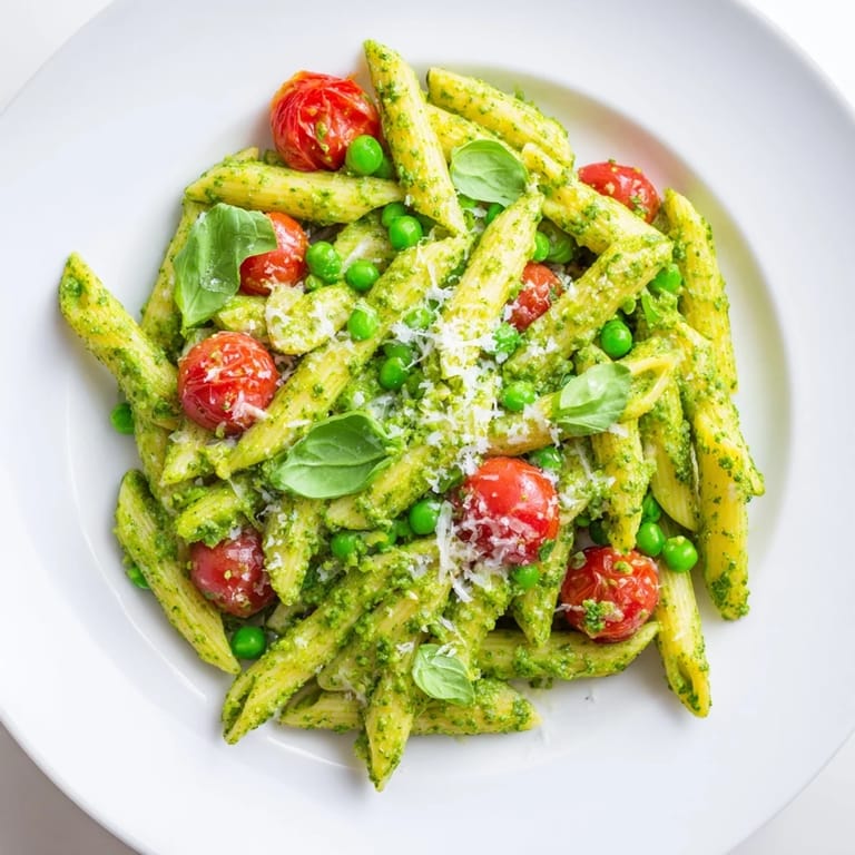 Fork-ready green pesto pasta salad with tender fusilli, sweet peas, and juicy cherry tomatoes on a rustic wooden table.  