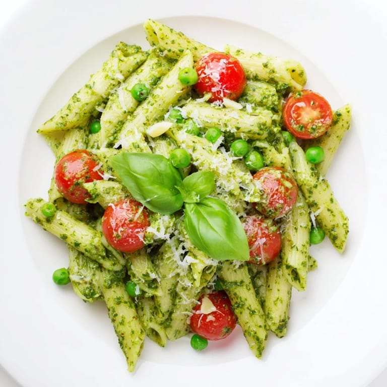 Chilled green pesto pasta salad tossed with olive oil and Parmesan, ideal for potlucks, picnics, and easy weeknight dinners.