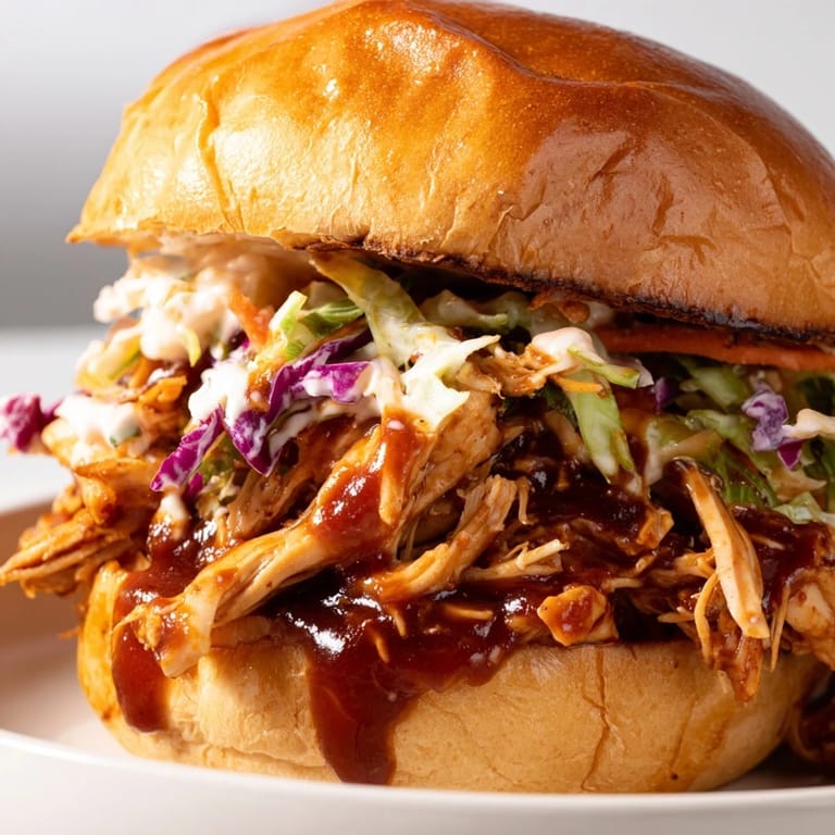 The sandwich features tender shredded chicken coated in smoky sauce, nestled on a soft bun with crisp cabbage and carrot slaw.